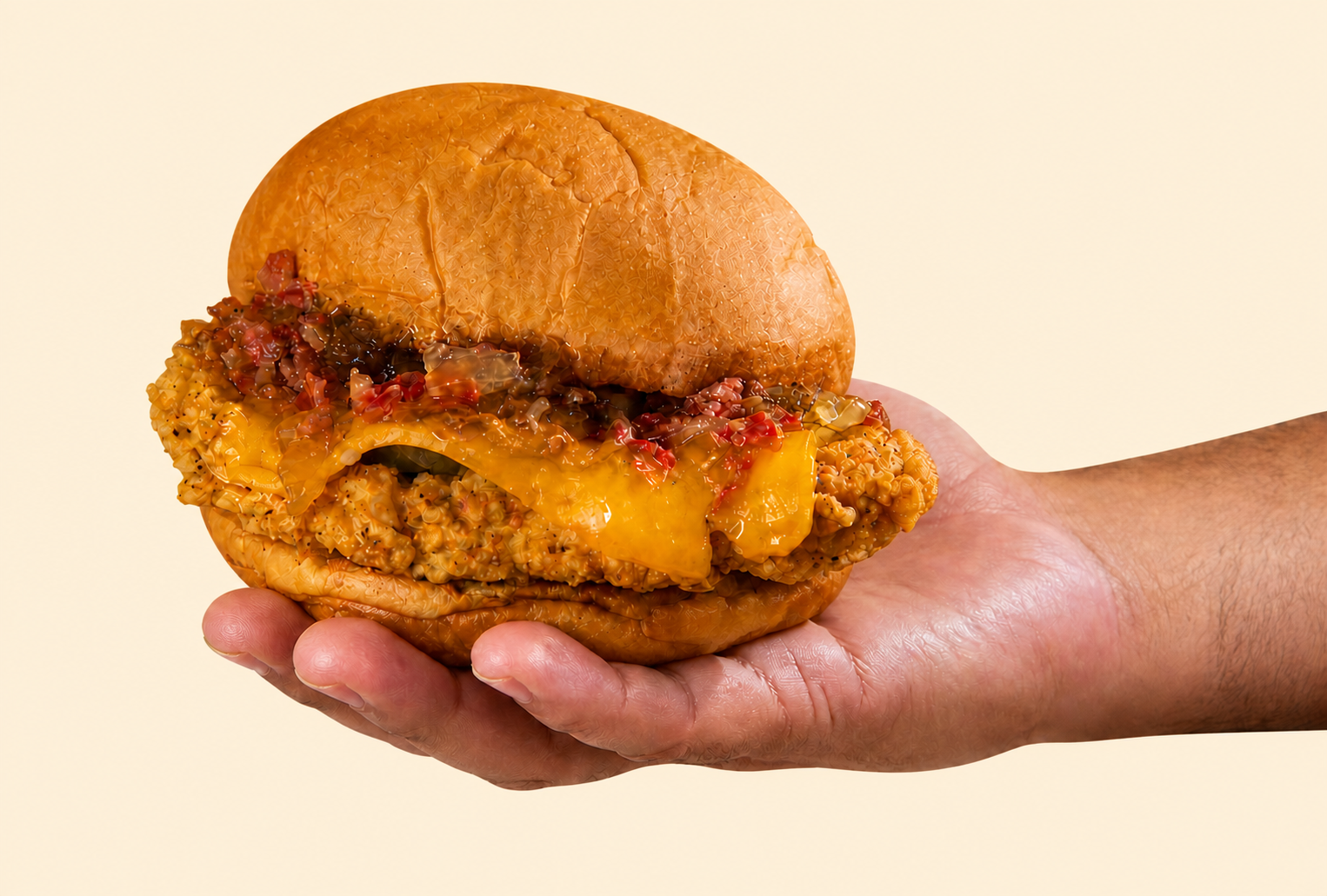 Mano presentando un chicken sandwich de Alitas To Go