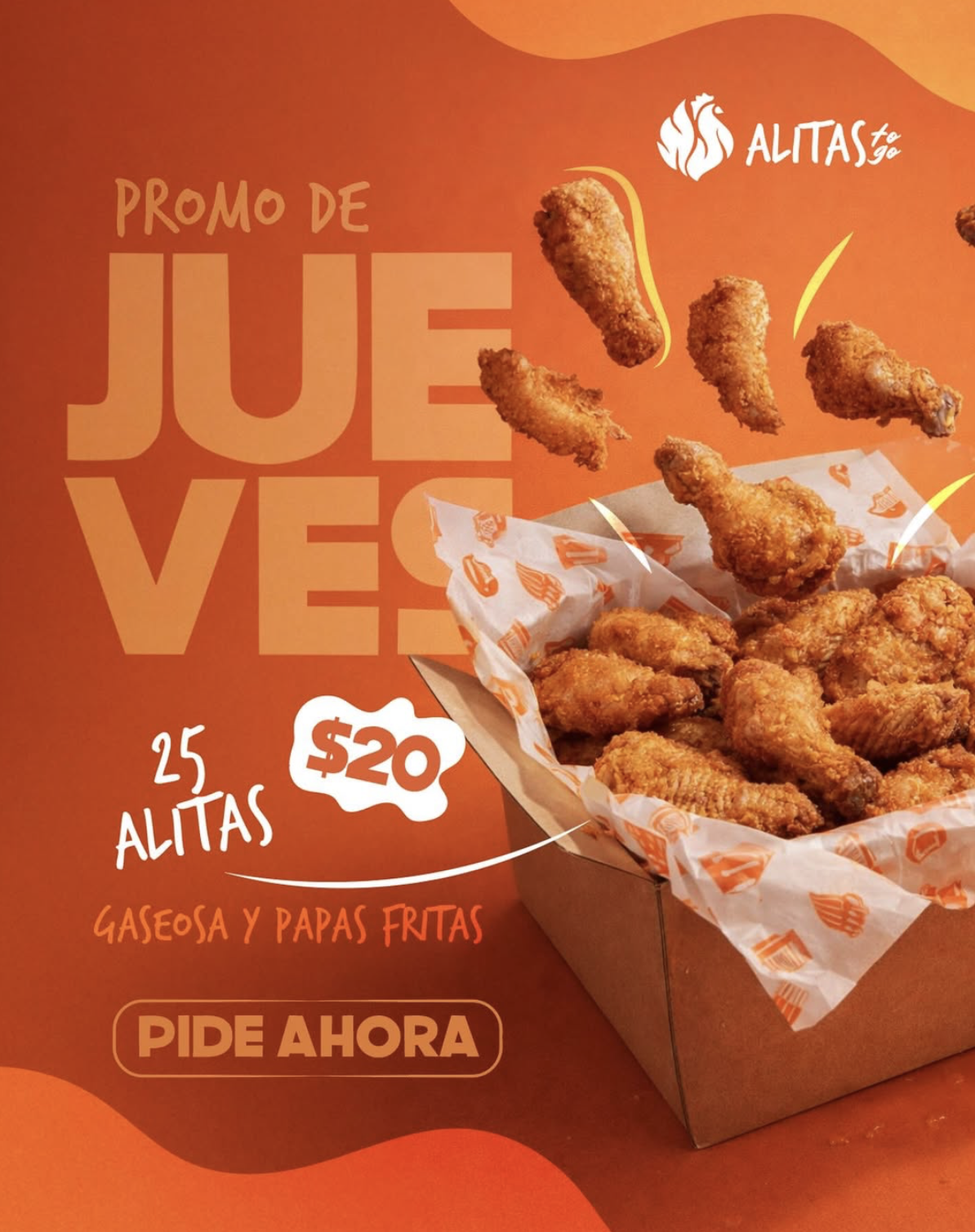 Promo de jueves: 25 alitas con gaseosa y papas fritas por 20 dólares