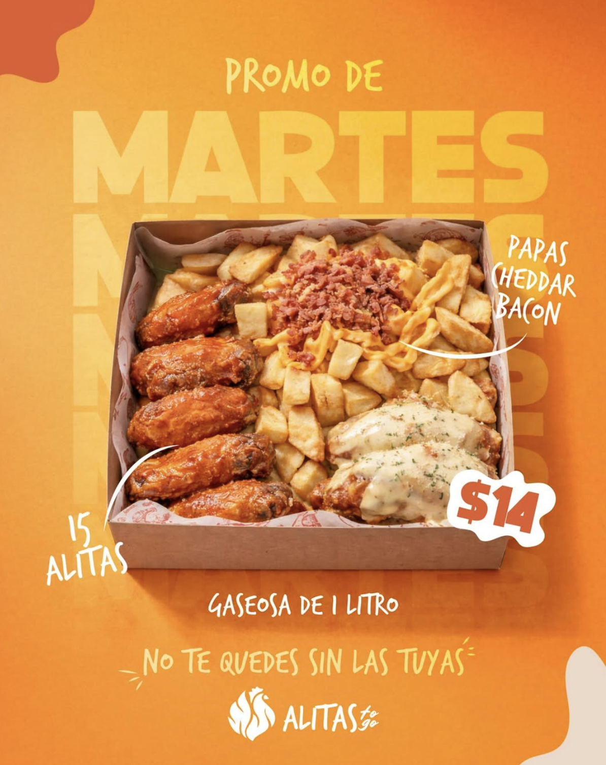 Promo de martes: 15 alitas con papas cheddar bacon y gaseosa de un litro por 14 dólares